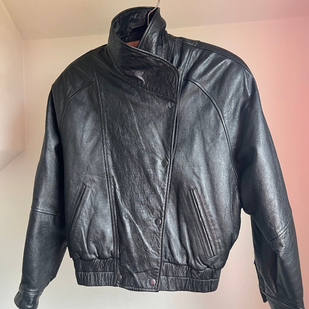 Vintage 80s Leather Jacket Black Cropped Statement Bomber Moto‎ Biker 90s - Picture 4 of 10